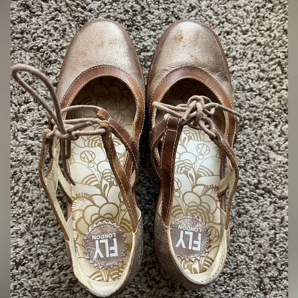 Gold FLY London wedges with laces